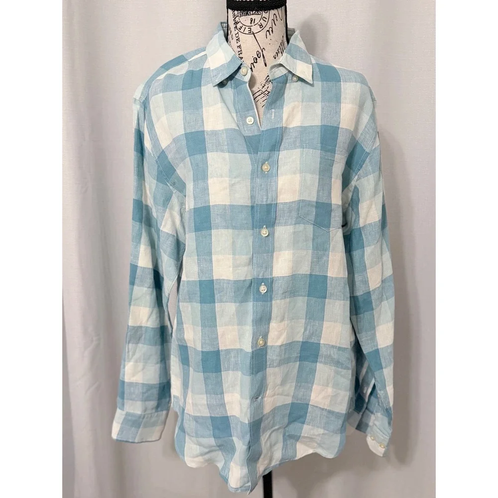 Banana Republic Camden Fit Linen Shirt Mens Small Blue White Buffalo Check Plaid